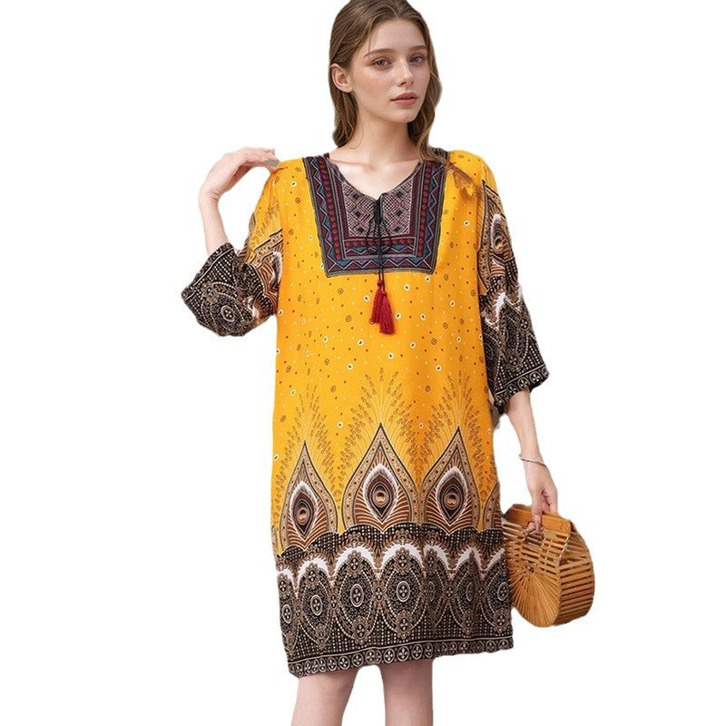 Summer Cross-Border Women's Cotton Silk Floral Dress Women's Ethnic Style Skirt Retro Thai Style Mother's Dress Women's Skirt
