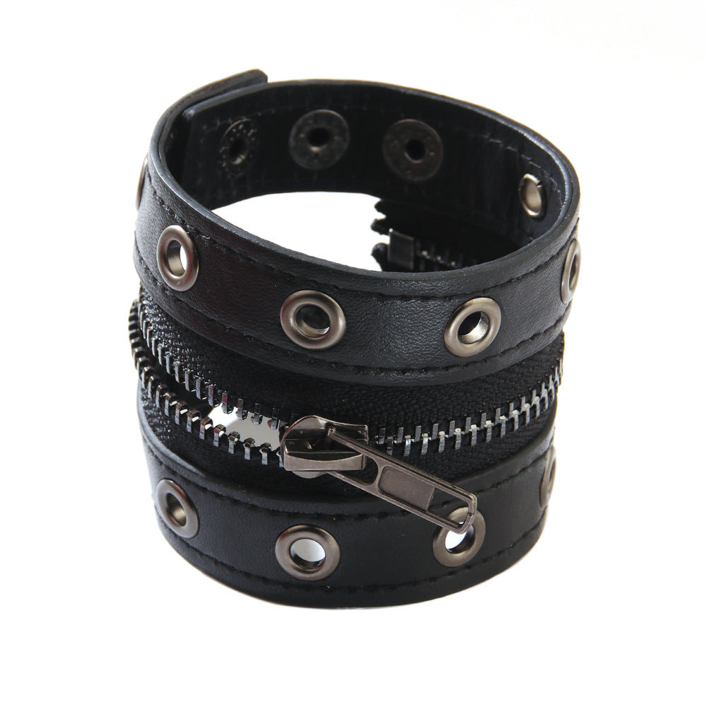 New Foreign Trade European and American Rivet Chain Punk Jewelry Cowhide Bracelet Women's Round Hole Middle Zipper Wide Leather Jewelry
