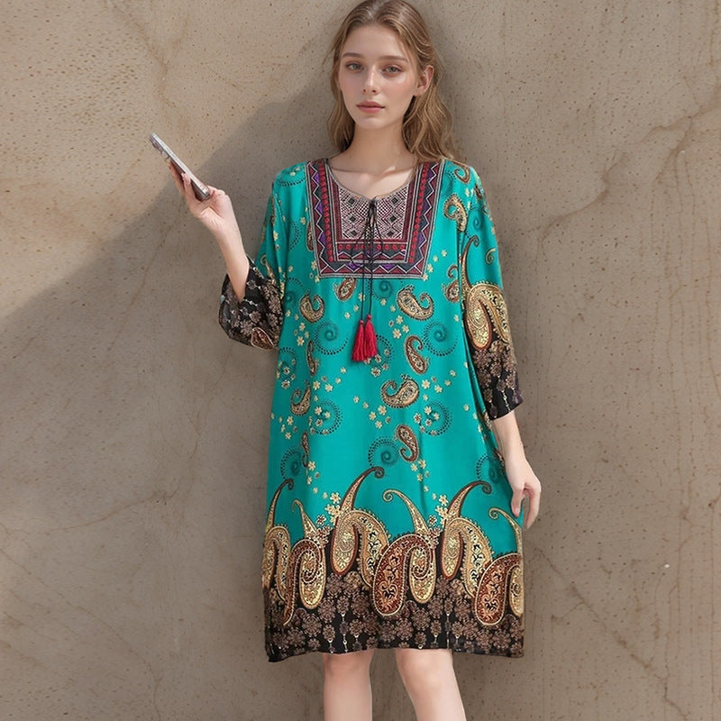 Summer Cross-Border Women's Cotton Silk Floral Dress Women's Ethnic Style Skirt Retro Thai Style Mother's Dress Women's Skirt