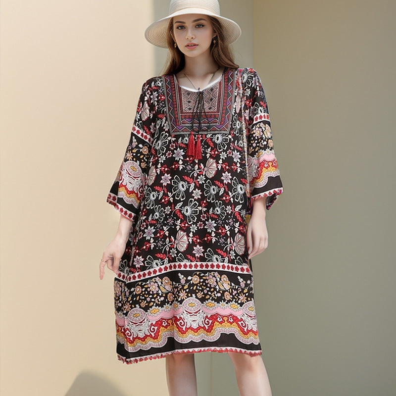 Summer Cross-Border Women's Cotton Silk Floral Dress Women's Ethnic Style Skirt Retro Thai Style Mother's Dress Women's Skirt
