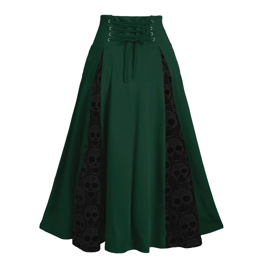 European and American New Lace-up Waist Skirt Halloween Skull Skull Lace Stitching Button Dress