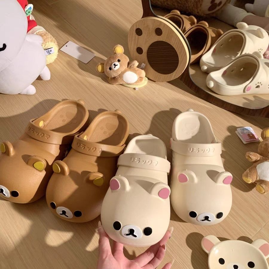 2025 Japanese Cartoon Rilakkuma Croc Shoes Women's Summer Outerwear Beach Shoes Cartoon Cute Parent-Child Bear Slippers