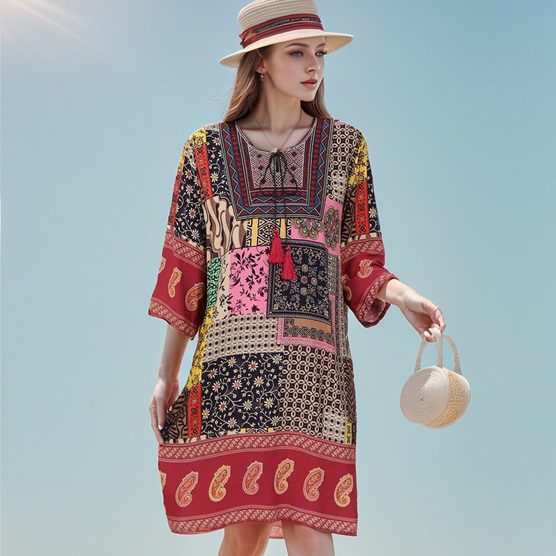 Summer Cross-Border Women's Cotton Silk Floral Dress Women's Ethnic Style Skirt Retro Thai Style Mother's Dress Women's Skirt