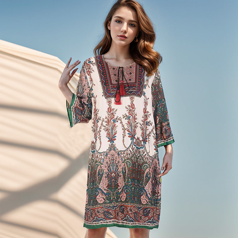 Summer Cross-Border Women's Cotton Silk Floral Dress Women's Ethnic Style Skirt Retro Thai Style Mother's Dress Women's Skirt