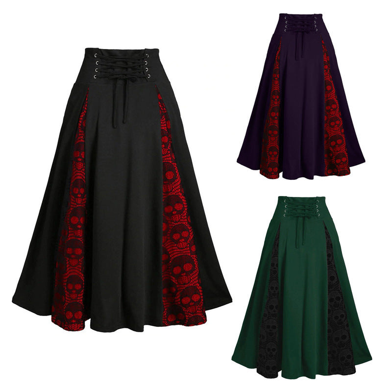 European and American New Lace-up Waist Skirt Halloween Skull Skull Lace Stitching Button Dress