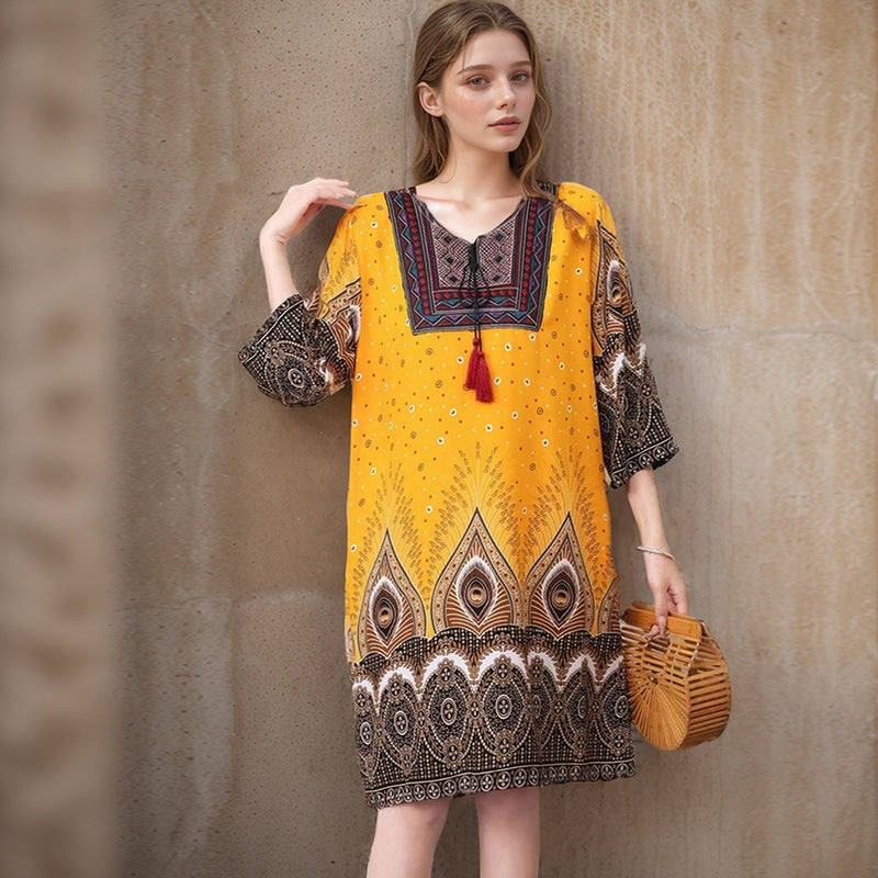 Summer Cross-Border Women's Cotton Silk Floral Dress Women's Ethnic Style Skirt Retro Thai Style Mother's Dress Women's Skirt