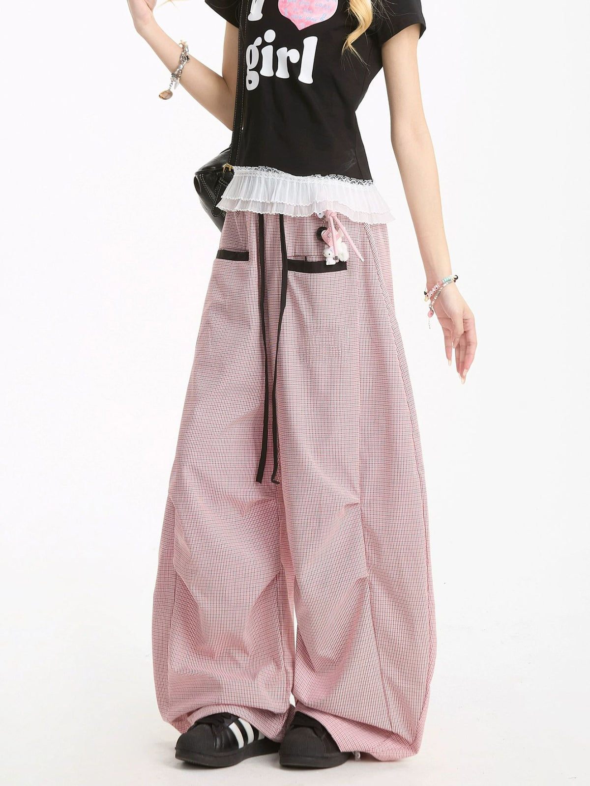 Neresm Summer Dopamine Pants Women Korean Style Plaid Pleated Cargo Pants Summer Lazy Drape Scimitar Pants