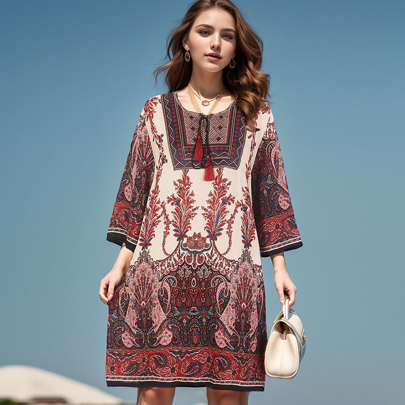 Summer Cross-Border Women's Cotton Silk Floral Dress Women's Ethnic Style Skirt Retro Thai Style Mother's Dress Women's Skirt