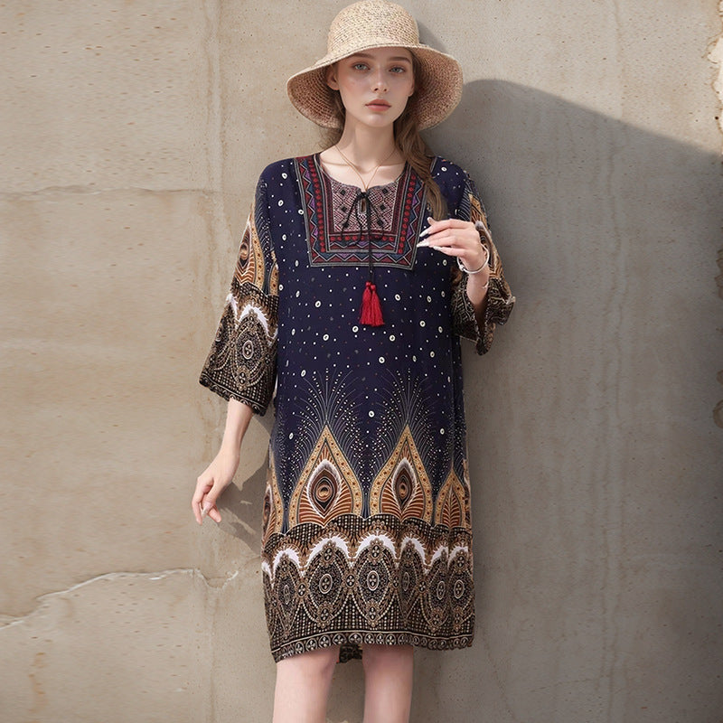 Summer Cross-Border Women's Cotton Silk Floral Dress Women's Ethnic Style Skirt Retro Thai Style Mother's Dress Women's Skirt