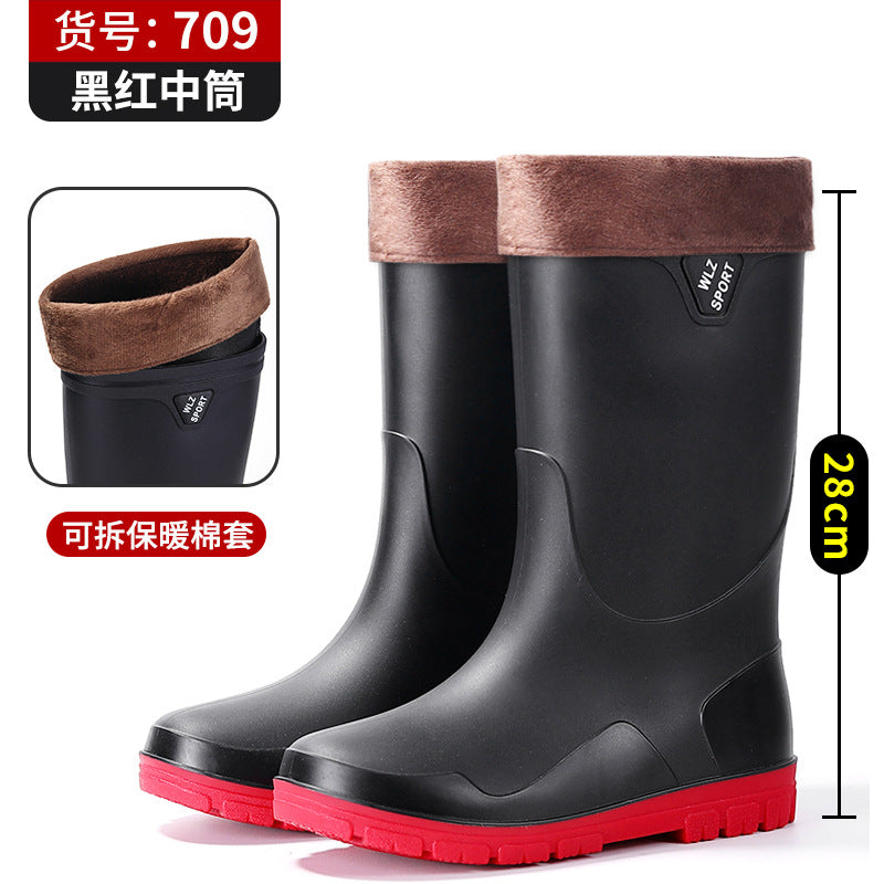 New Foreign Trade Style High-Tube Men's Water Boots, Mid-Tube Outdoor Waterproof Non-Slip Long-Tube Warm Thickened Fishing Rubber Shoes