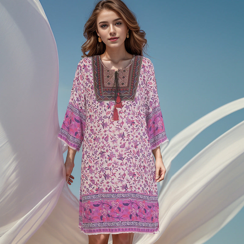 Summer Cross-Border Women's Cotton Silk Floral Dress Women's Ethnic Style Skirt Retro Thai Style Mother's Dress Women's Skirt