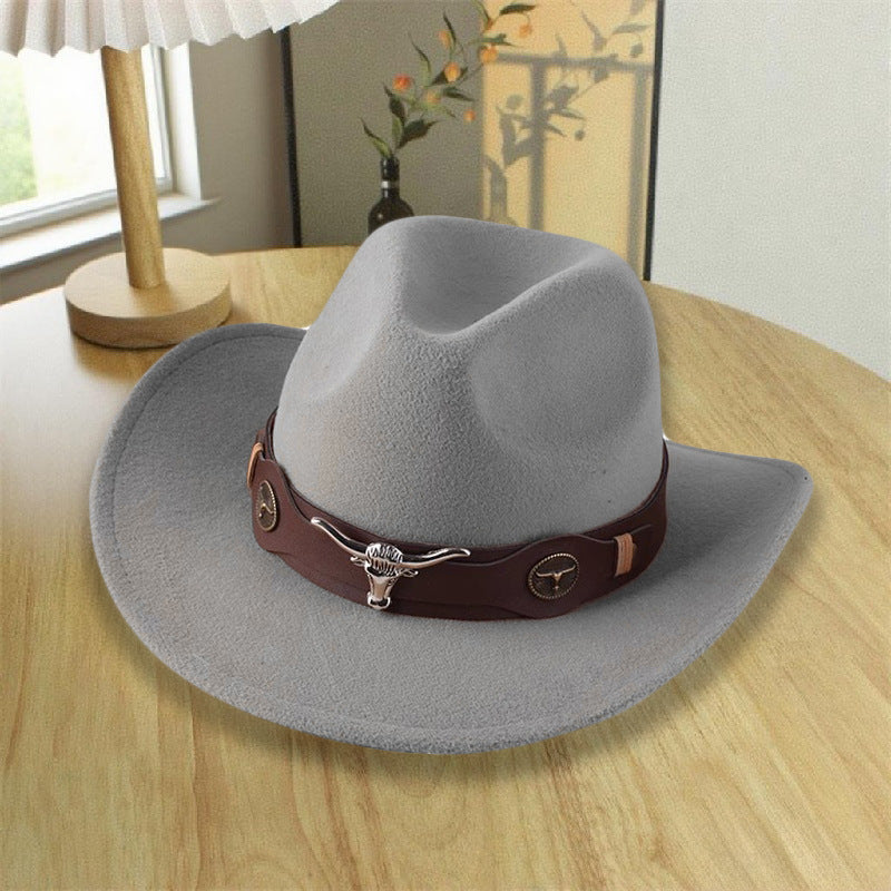 2026 New Style Western Cowboy Hat Ethnic Style Bull Logo Rolled Brim Vintage Riding Hat Large Brim Wool Felt Hat Trendy