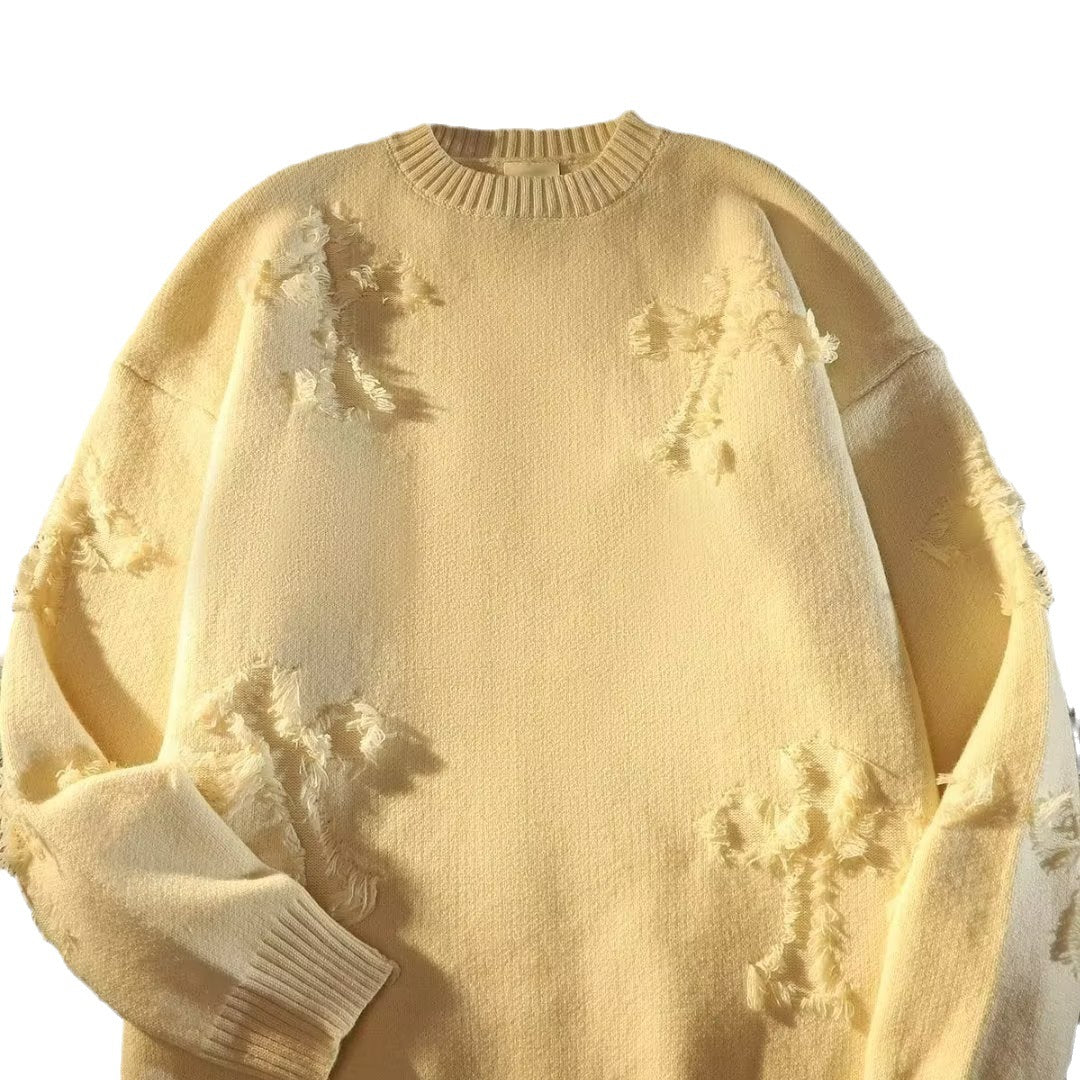Autumn and Winter ripped sweater men's round neck pullover fashion brand High Street American Retro Japanese youth sweater