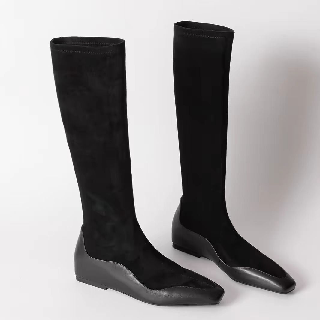 Korean Style Square Head Inner Height Increasing Thin Boots Women's 2024 Autumn and Winter New Leather Stitching Fashionable Simple All-match Socks Boots Women