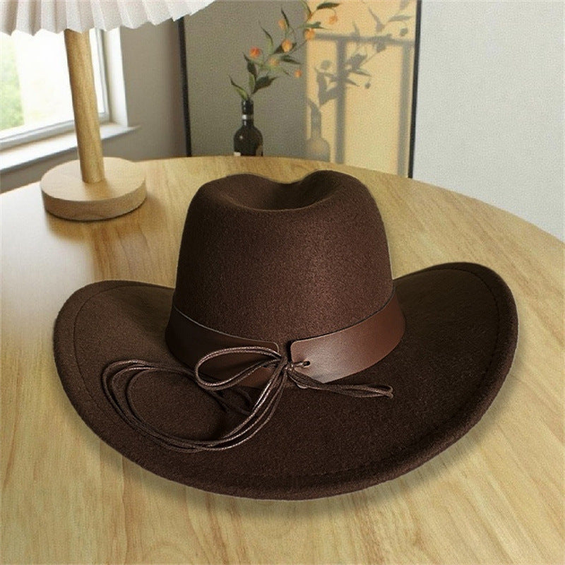 2026 New Style Western Cowboy Hat Ethnic Style Bull Logo Rolled Brim Vintage Riding Hat Large Brim Wool Felt Hat Trendy