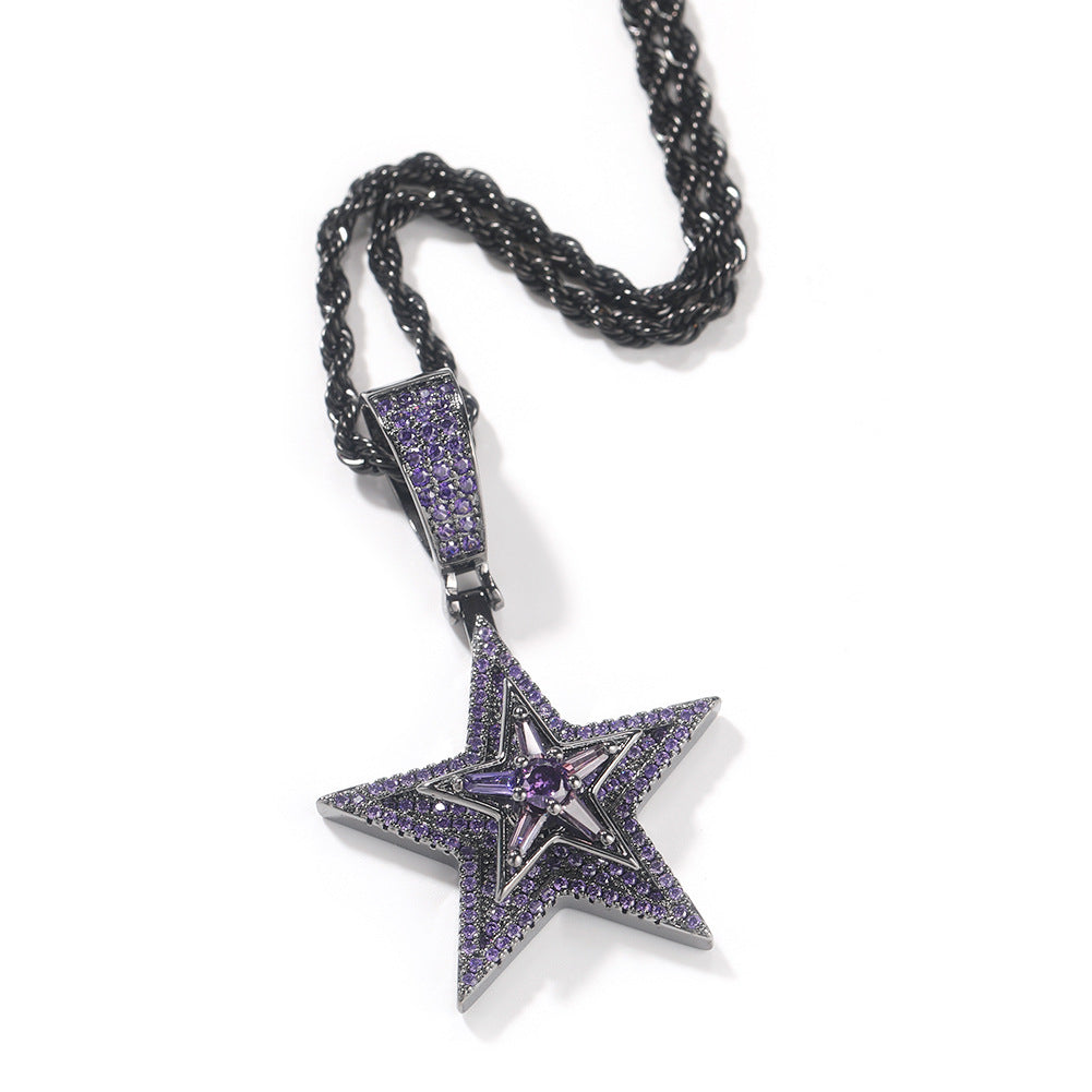 New European and American Style Hip-Hop Diamond-Encrusted Rotating Five-Pointed Star Pendant Necklace Amazon Hot-Selling Trendy Street Accessories