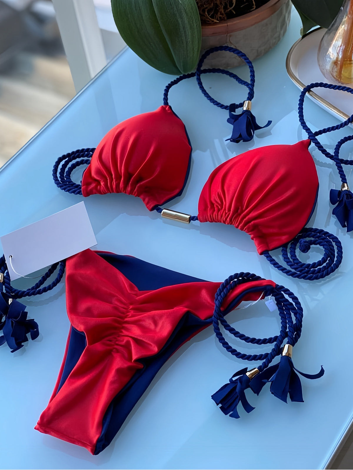2025 new solid color fabric rope bikini triangle swimsuit Amazon European and American swimsuit in stock