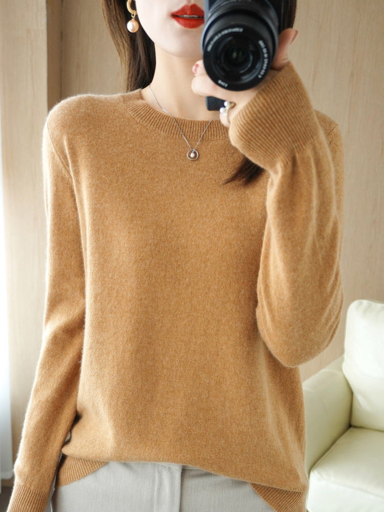 New Autumn and Winter Round Neck Knitwear Women's Pullover Knitwear Pure Color Long-Sleeved Women's Thin Inner Wear Outer Bottoming Shirt Korea