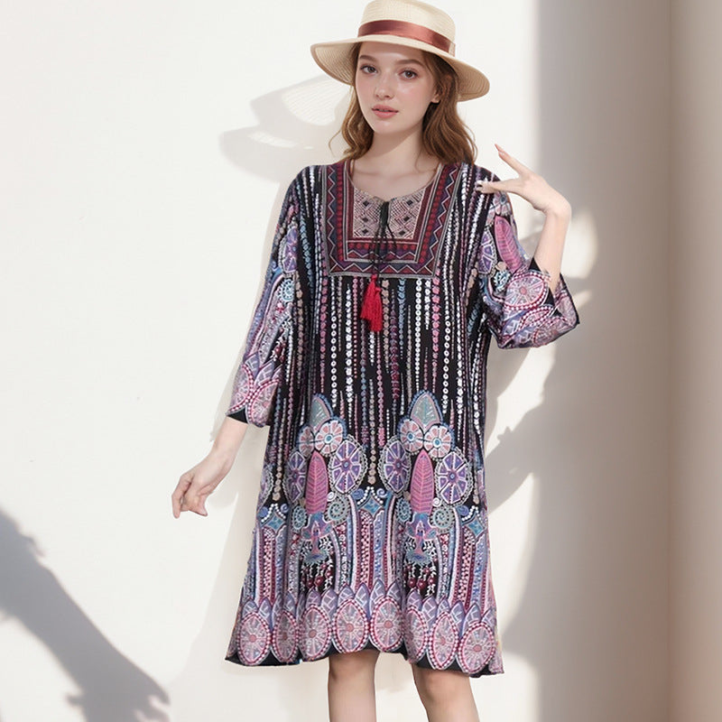 Summer Cross-Border Women's Cotton Silk Floral Dress Women's Ethnic Style Skirt Retro Thai Style Mother's Dress Women's Skirt