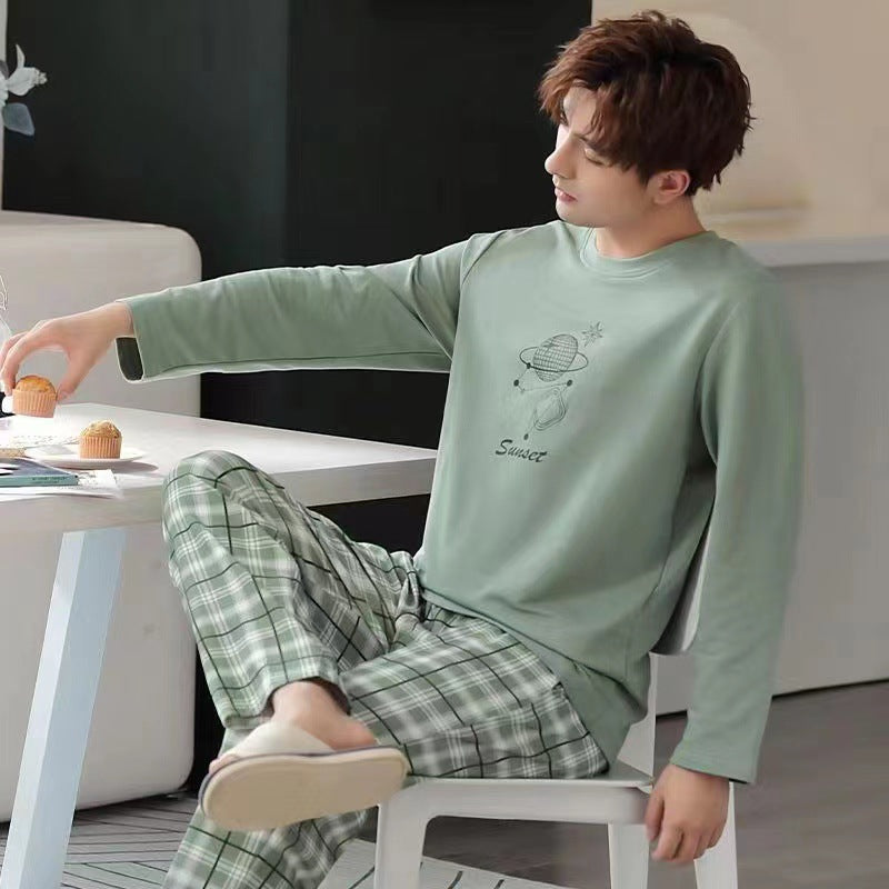 Pajamas for Men Spring & Fall Imitation Cotton Long-Sleeved Can Be Worn Outside All Seasons Casual Stripesd Plus Size Loose Men's Home Wear Set