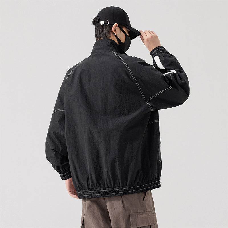 Spring and Autumn Men's Large Size Casual Sports Jacket Men's Fat Boys Plus Fat Extra Large American Trendy Brand Stand Collar Jacket Men's Clothing