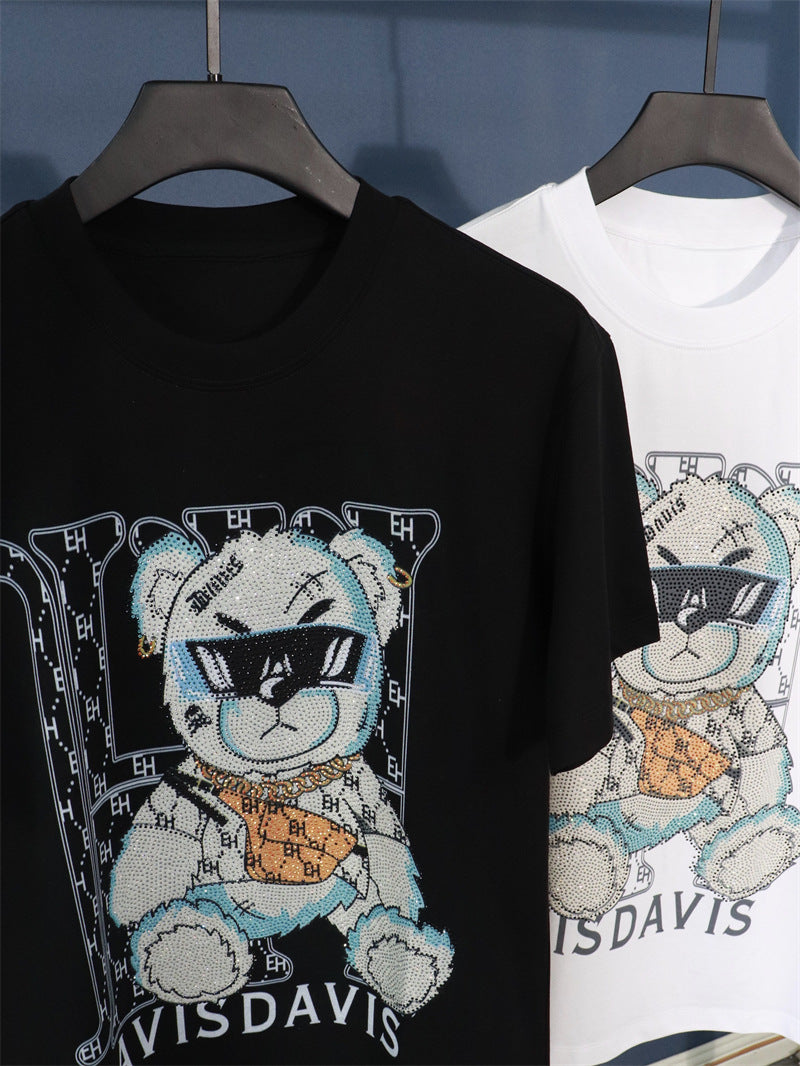 Xs-9Xlpp Printed Rhinestone H Bear Cartoon Short-Sleeve T-Shirt for Big and Tall Individuals, Casual Round Neck, Breathable, Trendy, Lightweight Style