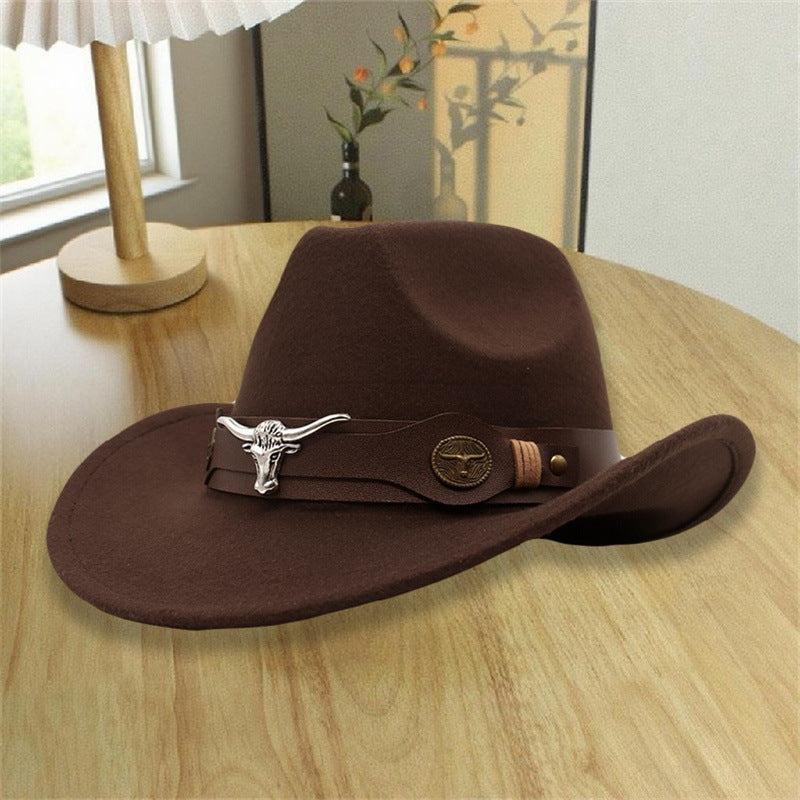 2026 New Style Western Cowboy Hat Ethnic Style Bull Logo Rolled Brim Vintage Riding Hat Large Brim Wool Felt Hat Trendy