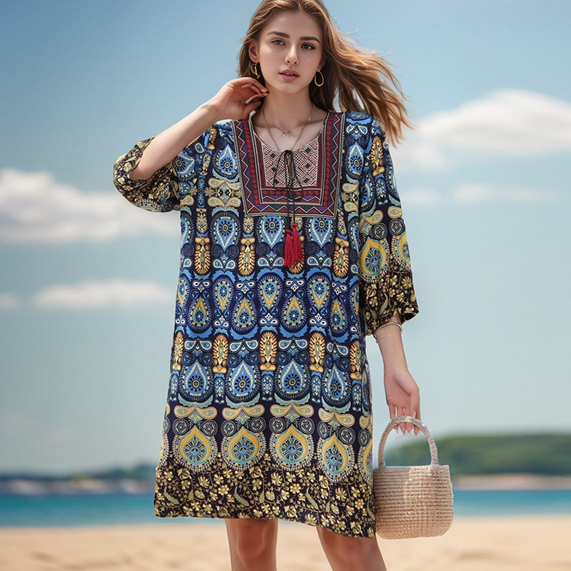 Summer Cross-Border Women's Cotton Silk Floral Dress Women's Ethnic Style Skirt Retro Thai Style Mother's Dress Women's Skirt