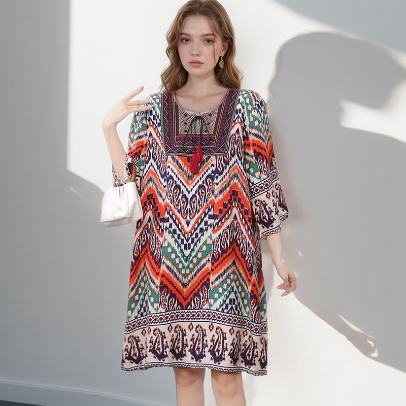 Summer Cross-Border Women's Cotton Silk Floral Dress Women's Ethnic Style Skirt Retro Thai Style Mother's Dress Women's Skirt