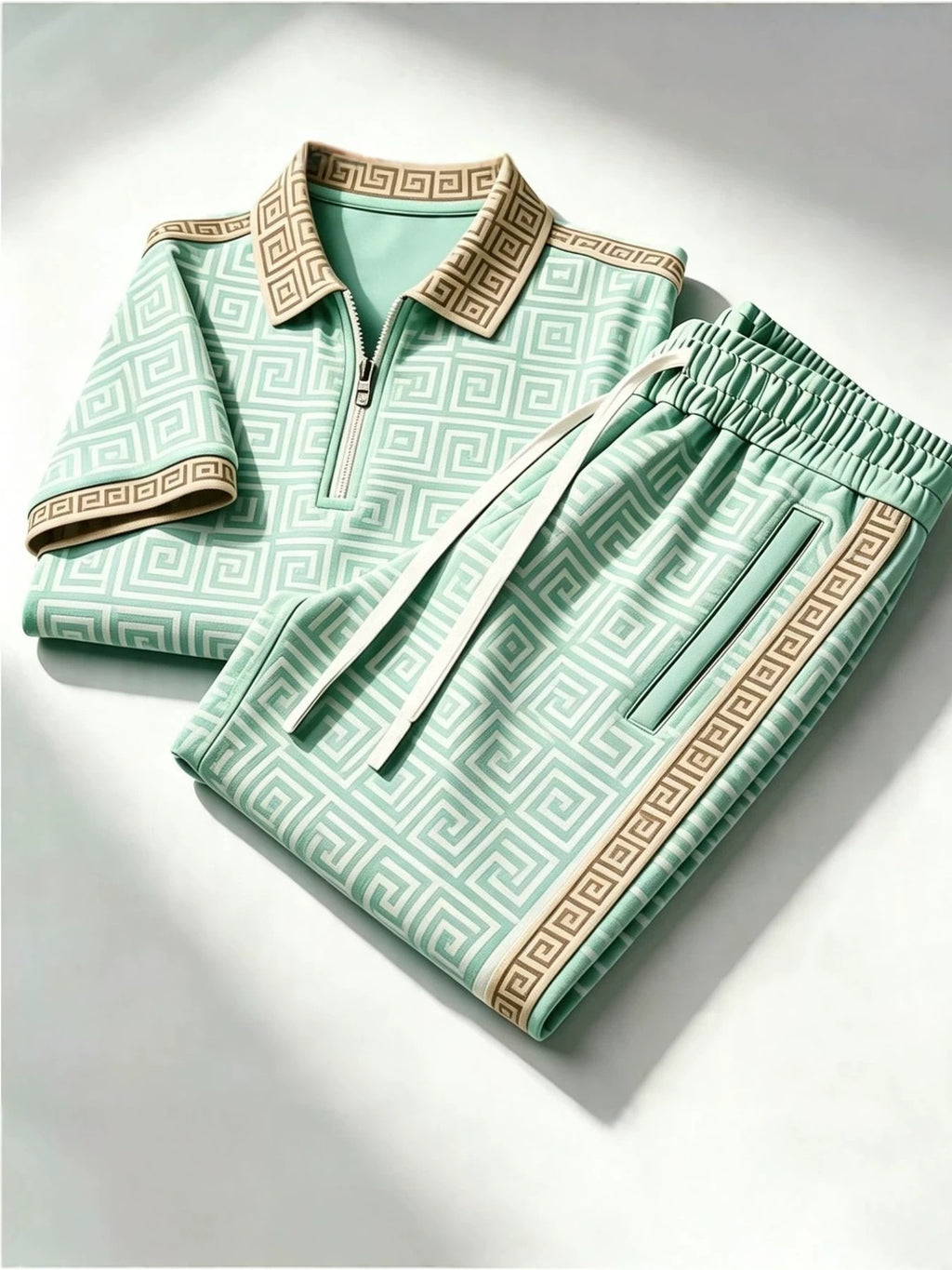Cross-Border 2026 Trendy Brand Summer New European and American Fashion Casual Zip-Up Polo Shirt Short-Sleeve Long Pants Set for Men