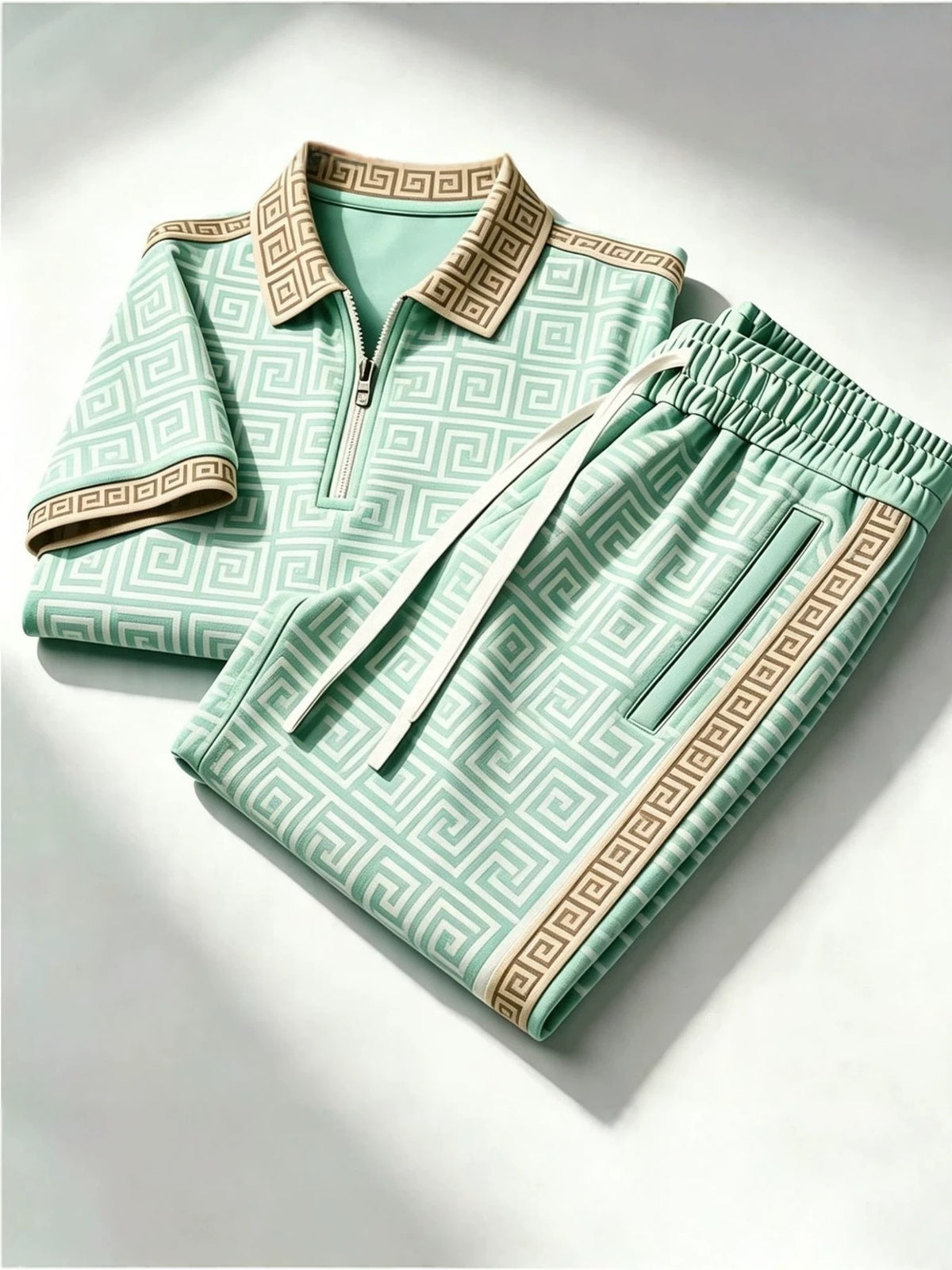 Cross-Border 2026 Trendy Brand Summer New European and American Fashion Casual Zip-Up Polo Shirt Short-Sleeve Long Pants Set for Men