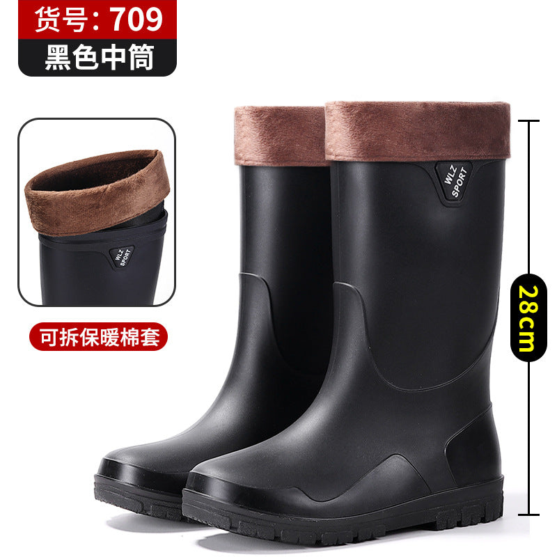 New Foreign Trade Style High-Tube Men's Water Boots, Mid-Tube Outdoor Waterproof Non-Slip Long-Tube Warm Thickened Fishing Rubber Shoes