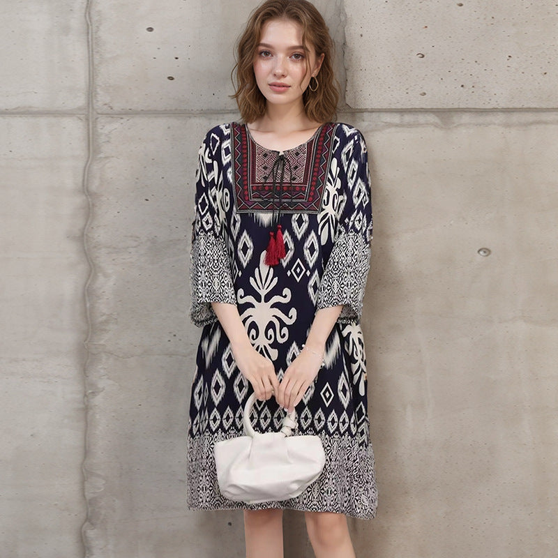 Summer Cross-Border Women's Cotton Silk Floral Dress Women's Ethnic Style Skirt Retro Thai Style Mother's Dress Women's Skirt
