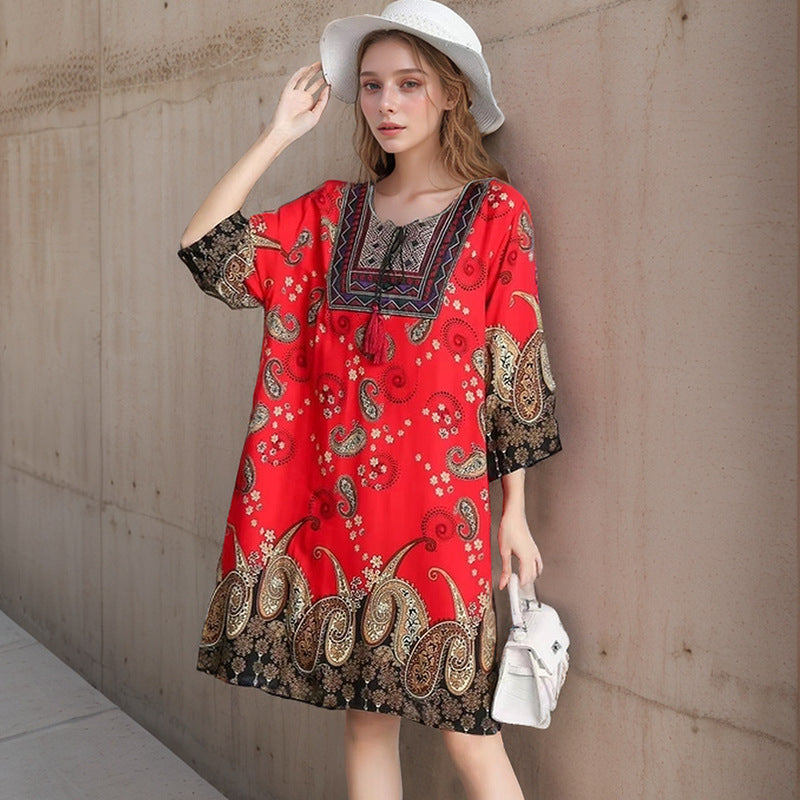 Summer Cross-Border Women's Cotton Silk Floral Dress Women's Ethnic Style Skirt Retro Thai Style Mother's Dress Women's Skirt