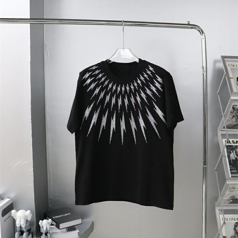 23 Large Edition Heavy-Duty Rhinestone Front and Back Lightning Design Unisex Loose Short-Sleeve T-Shirt Plus Size for Big and Tall Versatile Pure Cotton