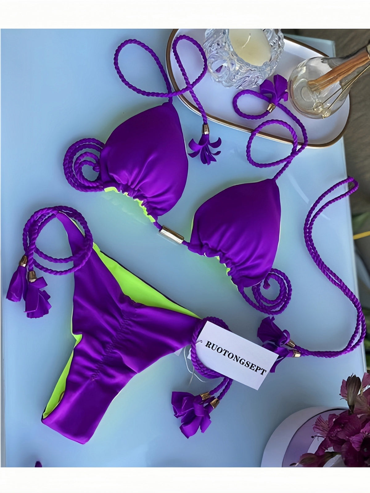 2025 new solid color fabric rope bikini triangle swimsuit Amazon European and American swimsuit in stock