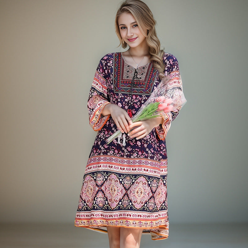 Summer Cross-Border Women's Cotton Silk Floral Dress Women's Ethnic Style Skirt Retro Thai Style Mother's Dress Women's Skirt
