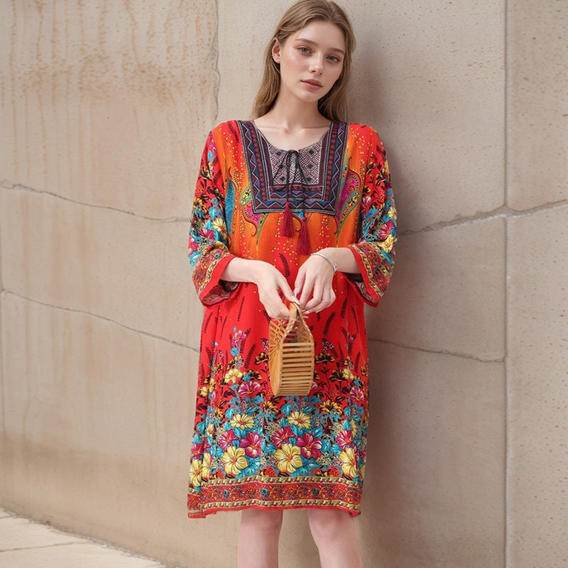 Summer Cross-Border Women's Cotton Silk Floral Dress Women's Ethnic Style Skirt Retro Thai Style Mother's Dress Women's Skirt
