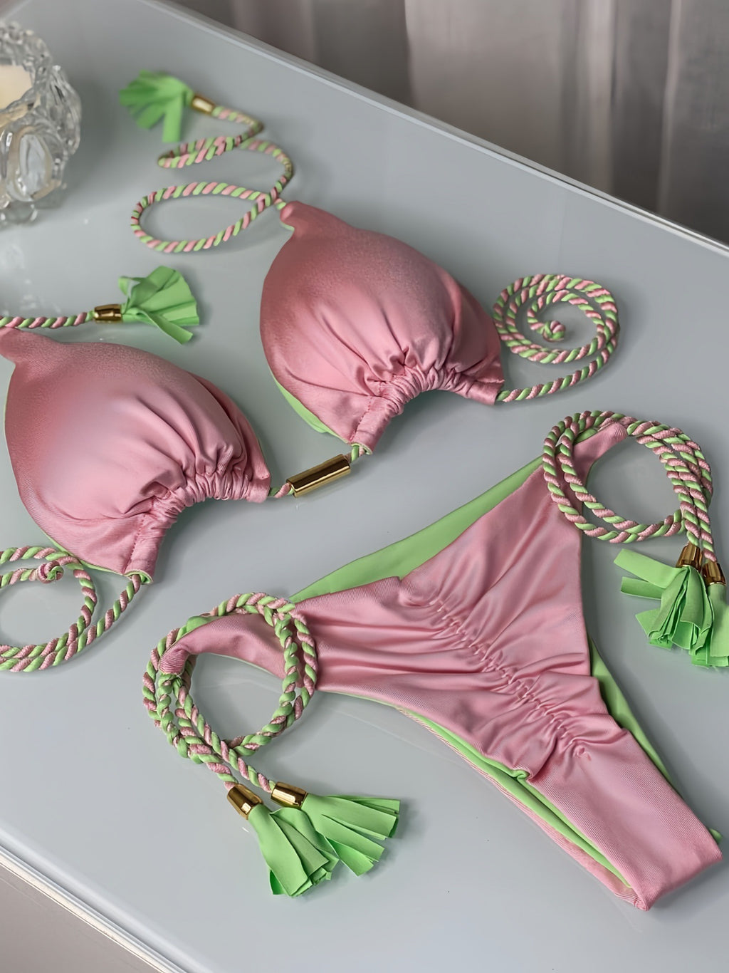 2025 new solid color fabric rope bikini triangle swimsuit Amazon European and American swimsuit in stock