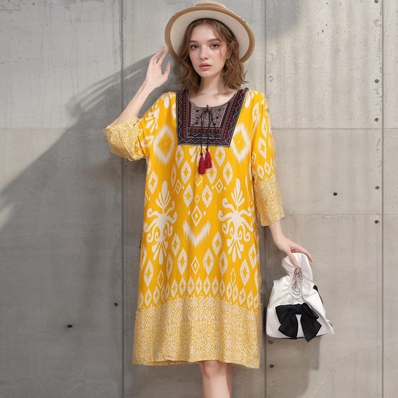 Summer Cross-Border Women's Cotton Silk Floral Dress Women's Ethnic Style Skirt Retro Thai Style Mother's Dress Women's Skirt