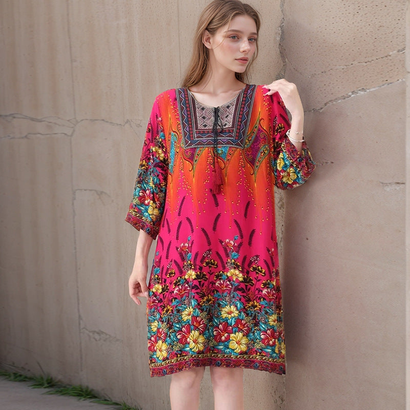 Summer Cross-Border Women's Cotton Silk Floral Dress Women's Ethnic Style Skirt Retro Thai Style Mother's Dress Women's Skirt
