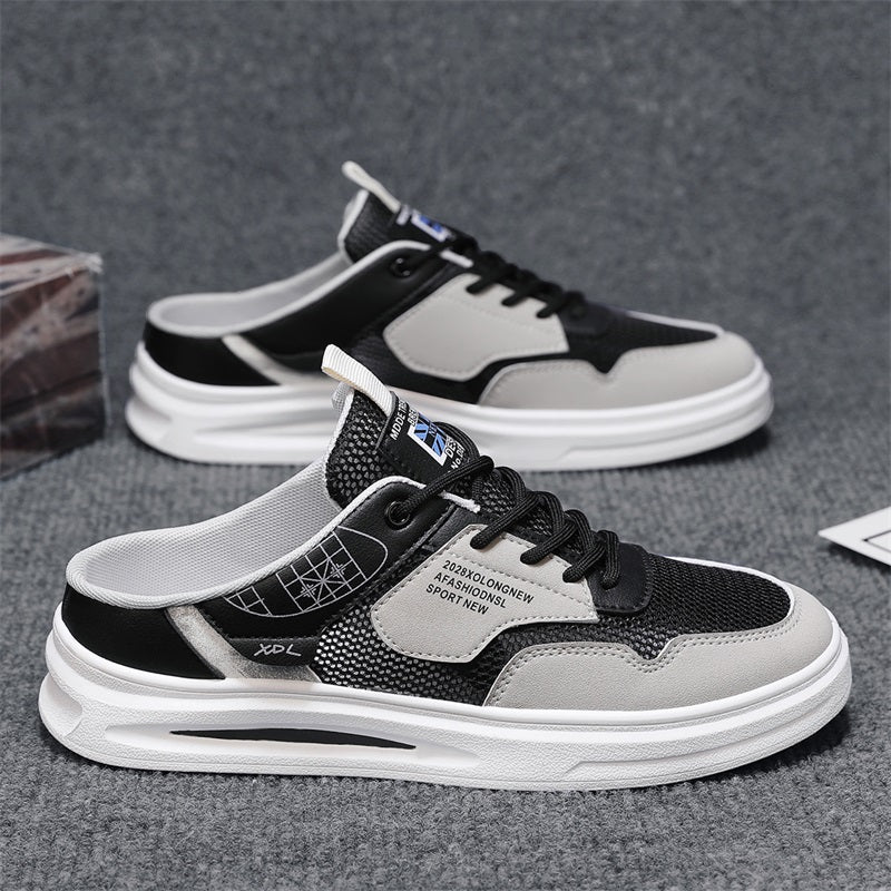 Canvas Shoes Men's Half-Slip Summer Mesh Breathable Trendy Casual Thin Toe-Toe Heelless Lazy Slip-On Trendy Shoes