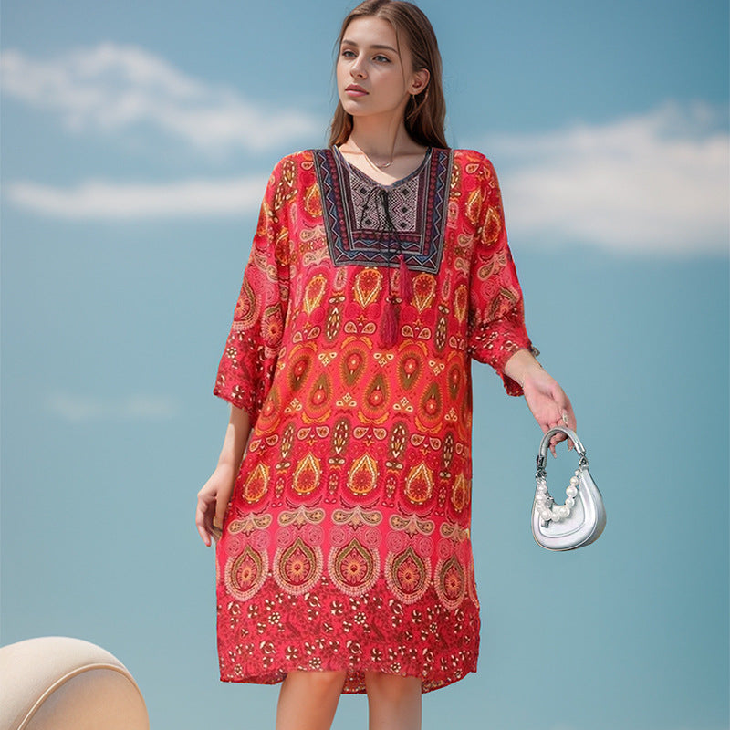 Summer Cross-Border Women's Cotton Silk Floral Dress Women's Ethnic Style Skirt Retro Thai Style Mother's Dress Women's Skirt