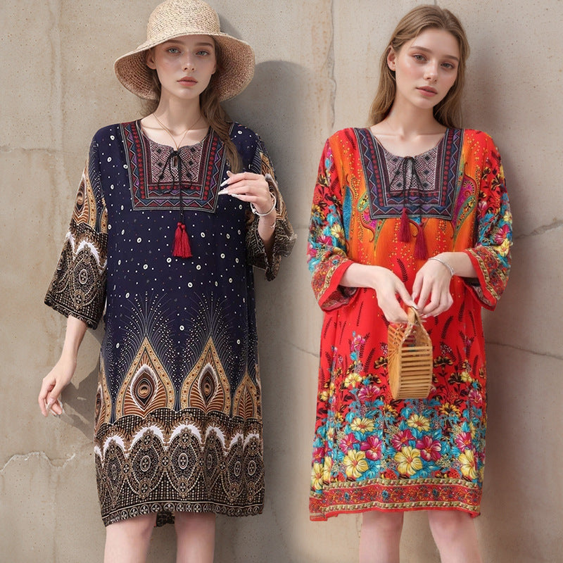 Summer Cross-Border Women's Cotton Silk Floral Dress Women's Ethnic Style Skirt Retro Thai Style Mother's Dress Women's Skirt