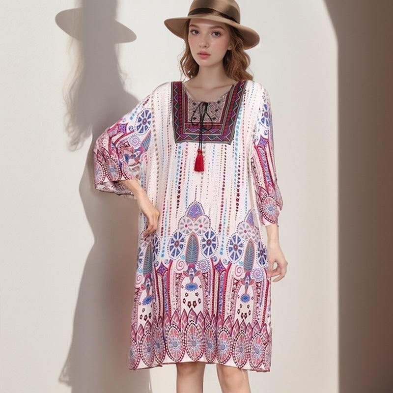 Summer Cross-Border Women's Cotton Silk Floral Dress Women's Ethnic Style Skirt Retro Thai Style Mother's Dress Women's Skirt