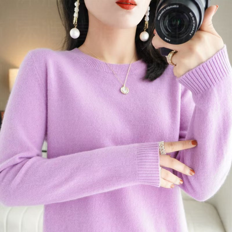 New Autumn and Winter Round Neck Knitwear Women's Pullover Knitwear Pure Color Long-Sleeved Women's Thin Inner Wear Outer Bottoming Shirt Korea