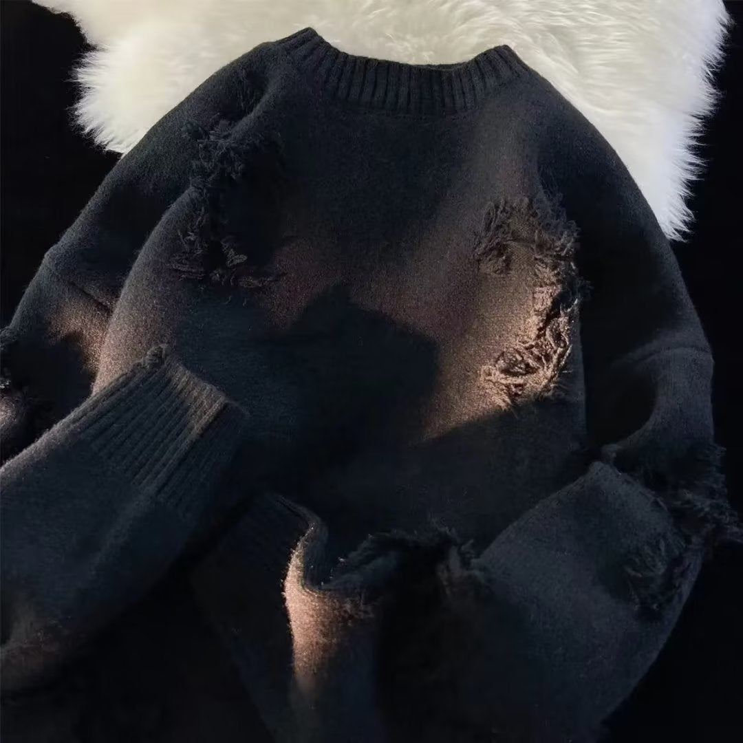 Autumn and Winter ripped sweater men's round neck pullover fashion brand High Street American Retro Japanese youth sweater