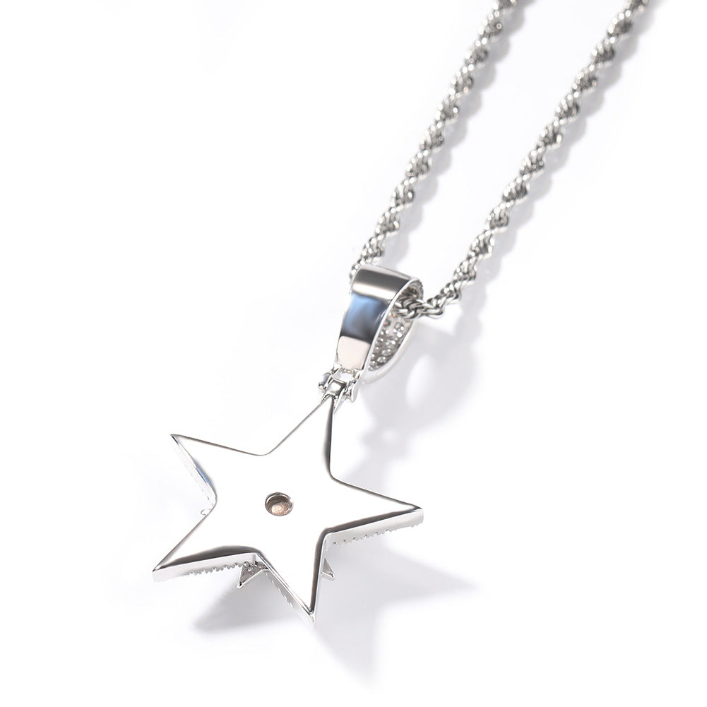 New European and American Style Hip-Hop Diamond-Encrusted Rotating Five-Pointed Star Pendant Necklace Amazon Hot-Selling Trendy Street Accessories
