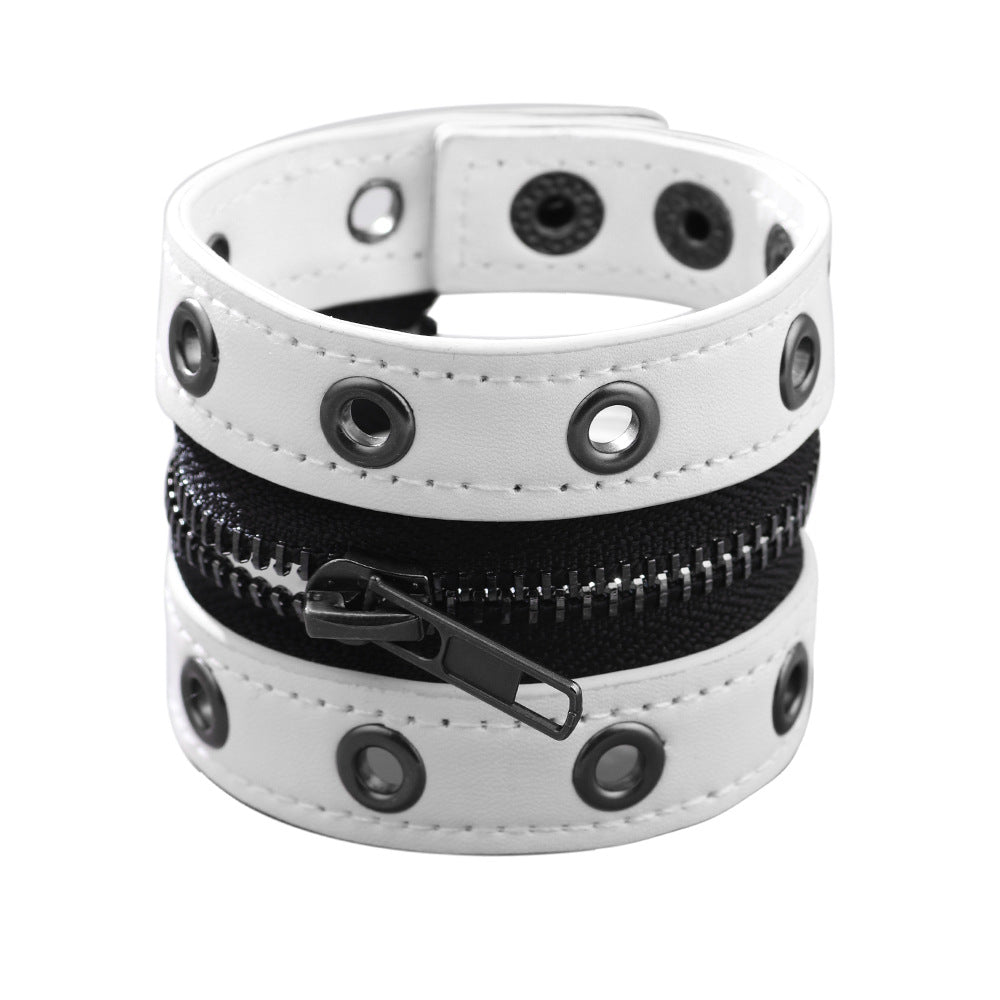New Foreign Trade European and American Rivet Chain Punk Jewelry Cowhide Bracelet Women's Round Hole Middle Zipper Wide Leather Jewelry
