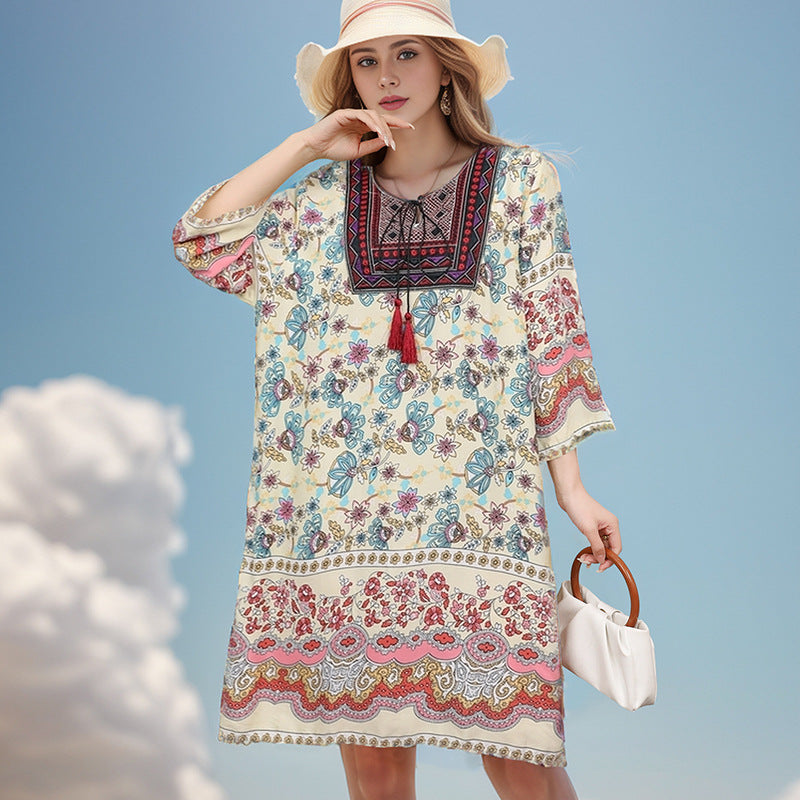 Summer Cross-Border Women's Cotton Silk Floral Dress Women's Ethnic Style Skirt Retro Thai Style Mother's Dress Women's Skirt